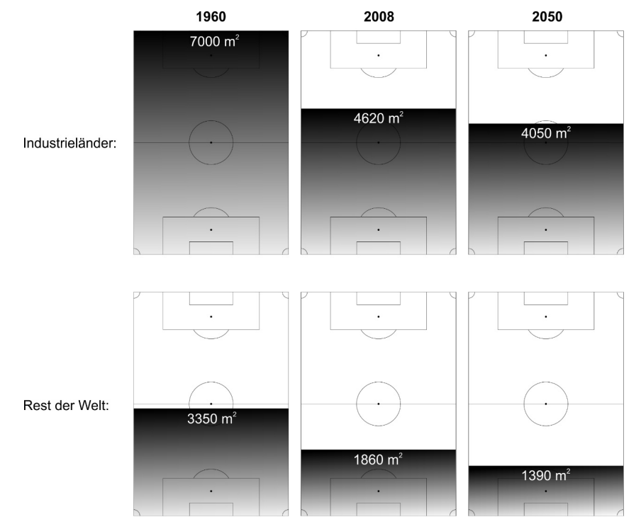 Sechs Fußballfelder mit abnehmender schwarzer Fläche und m²-Angaben für Industrieländer und Rest der Welt in 1960, 2008 und 2050.